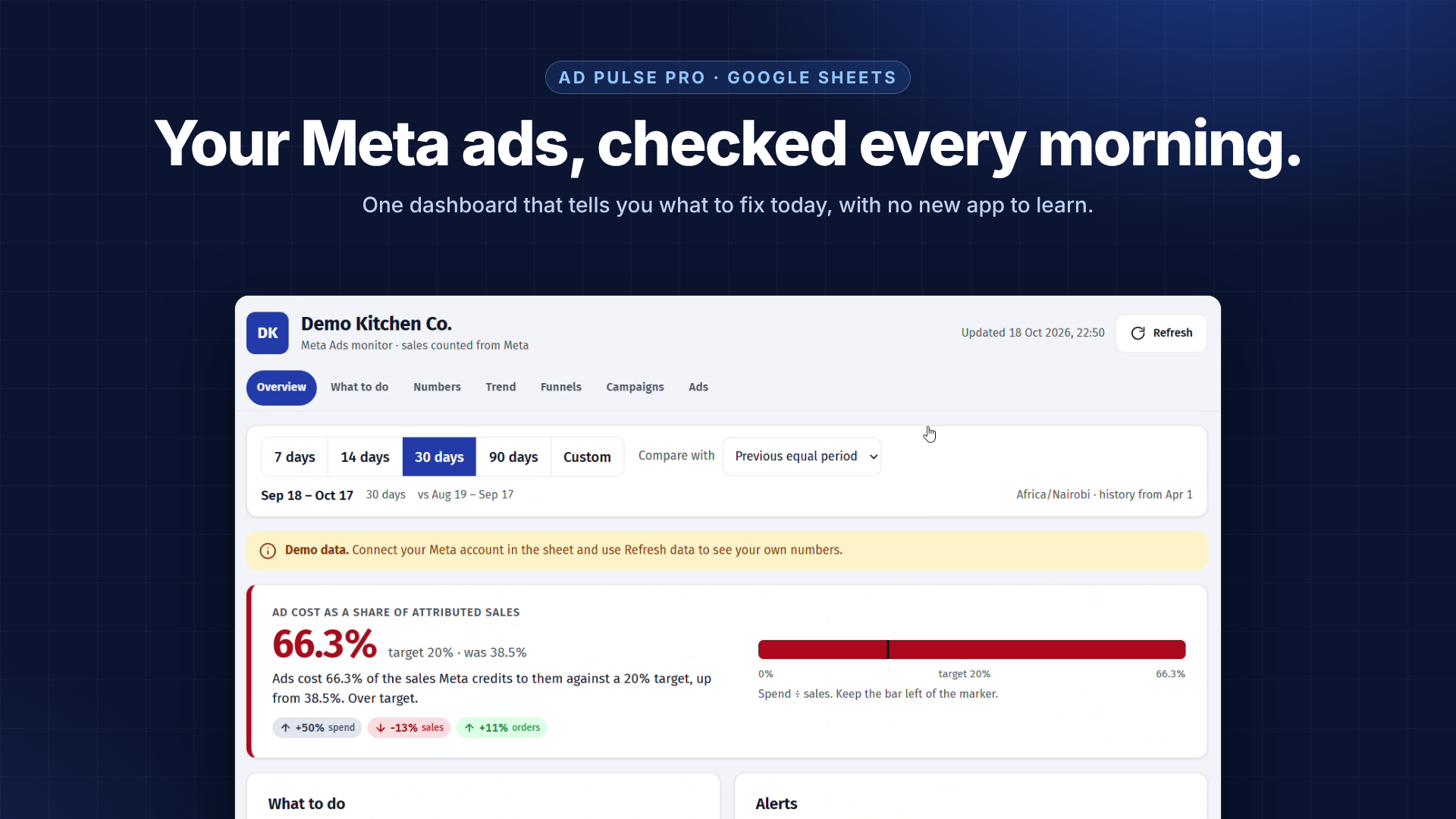 Ad Pulse Pro final dashboard showing date comparisons, cost targets and demo account performance