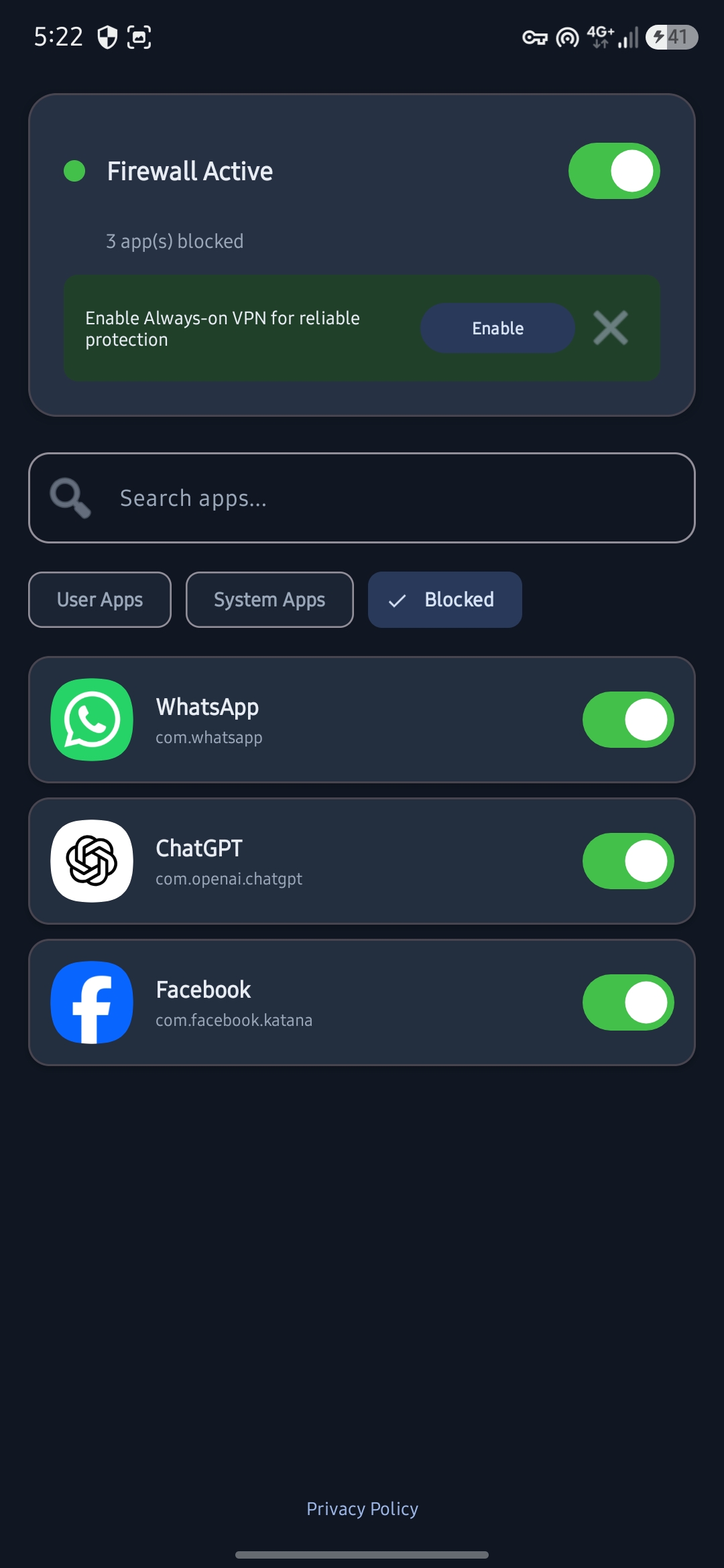 DataGate blocking WhatsApp, ChatGPT and Facebook