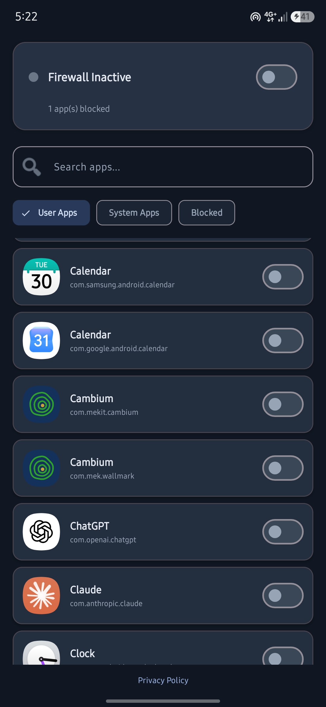 DataGate app list with per-app switches